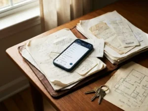 Kulunut nahkakansio täynnä huoltolaskuja ja käsinkirjoitettuja muistiinpanoja puupöydällä, päällä älypuhelin digitaalisella dokumenttinäkymällä.