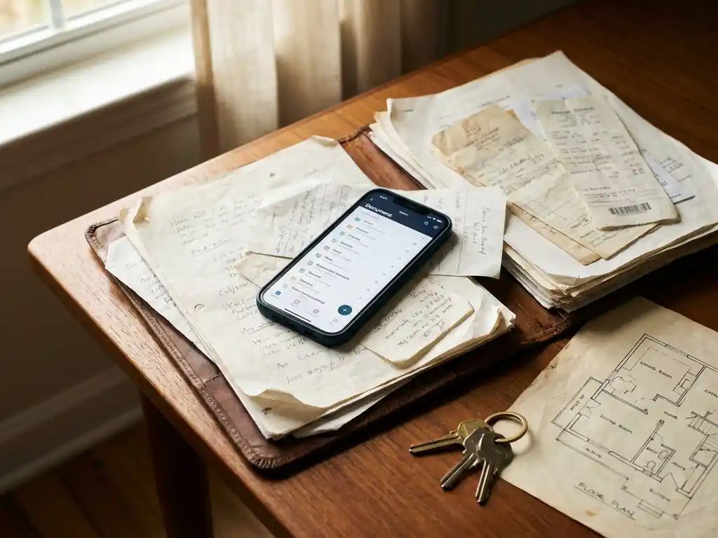 Kulunut nahkakansio täynnä huoltolaskuja ja käsinkirjoitettuja muistiinpanoja puupöydällä, päällä älypuhelin digitaalisella dokumenttinäkymällä.