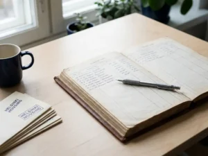 Nahkakantinen taloyhtiön lainakirjanpito avattuna koivupuisella pöydällä, mekaaninen lyijykynä lukujen päällä, asiakirjapino vieressä.