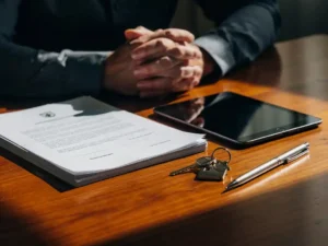 Asunto-osakeyhtiön hallituksen jäsenen kädet kiillotetulla puupöydällä virallisten asiakirjojen, tabletin, avainten ja kynän vieressä.
